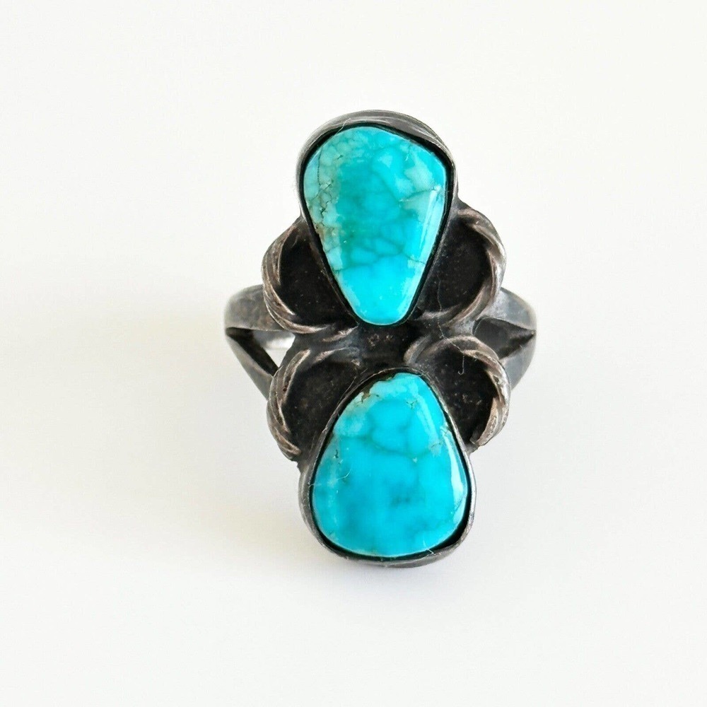 Vintage 925 Sterling Silver Turquoise Oxidized Darkened Band Ring Size 5.5